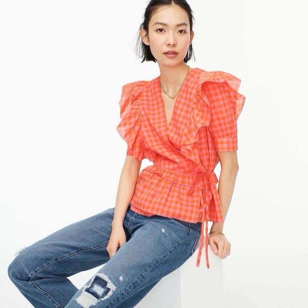 J.Crew Women Blouse Ruffle Wrap Gingham Blouse Short Sleeve Orange Pink Size S